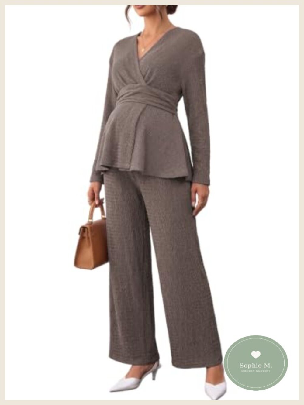 Maternity 2 Piece Outfits Wrap V Neck Long Sleeve Top and Pants Set